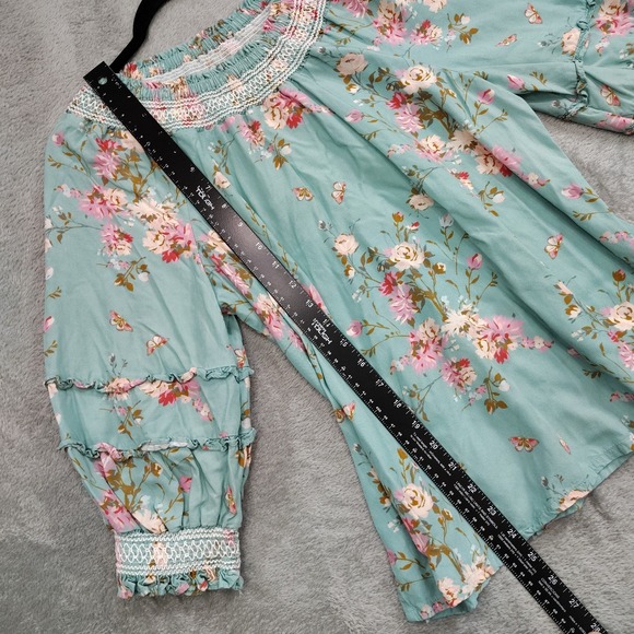 Spartina 449 Top M Boho Floral Smocked Neck Blouson Tiered Sleeve Cottagecore - Picture 3 of 8